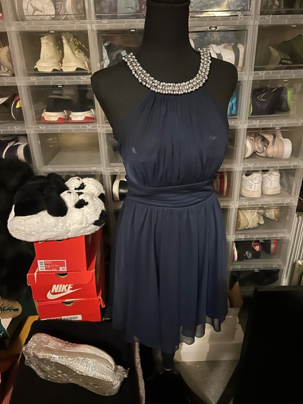 Beaded Halter Navy Mini Dress - Brand: